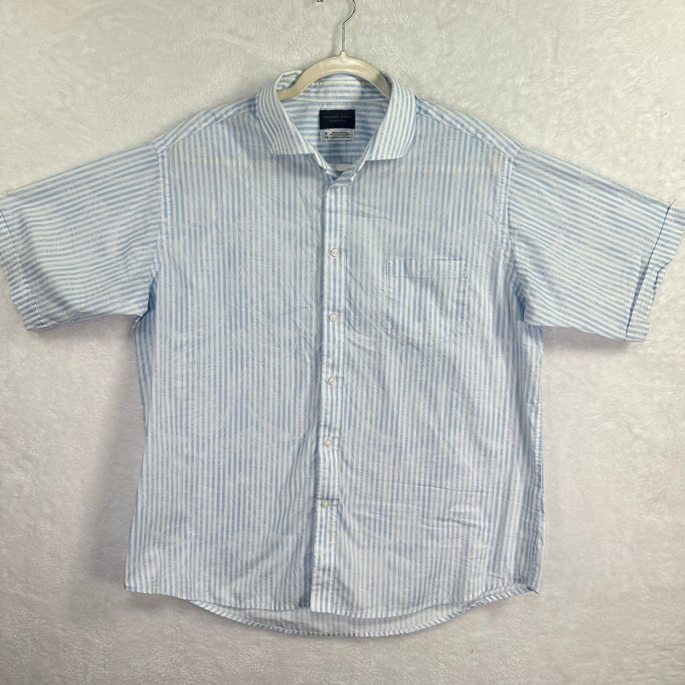 Thomas Dean Button Up Shirt Mens XL Blue White Striped Short Sleeve Cotton